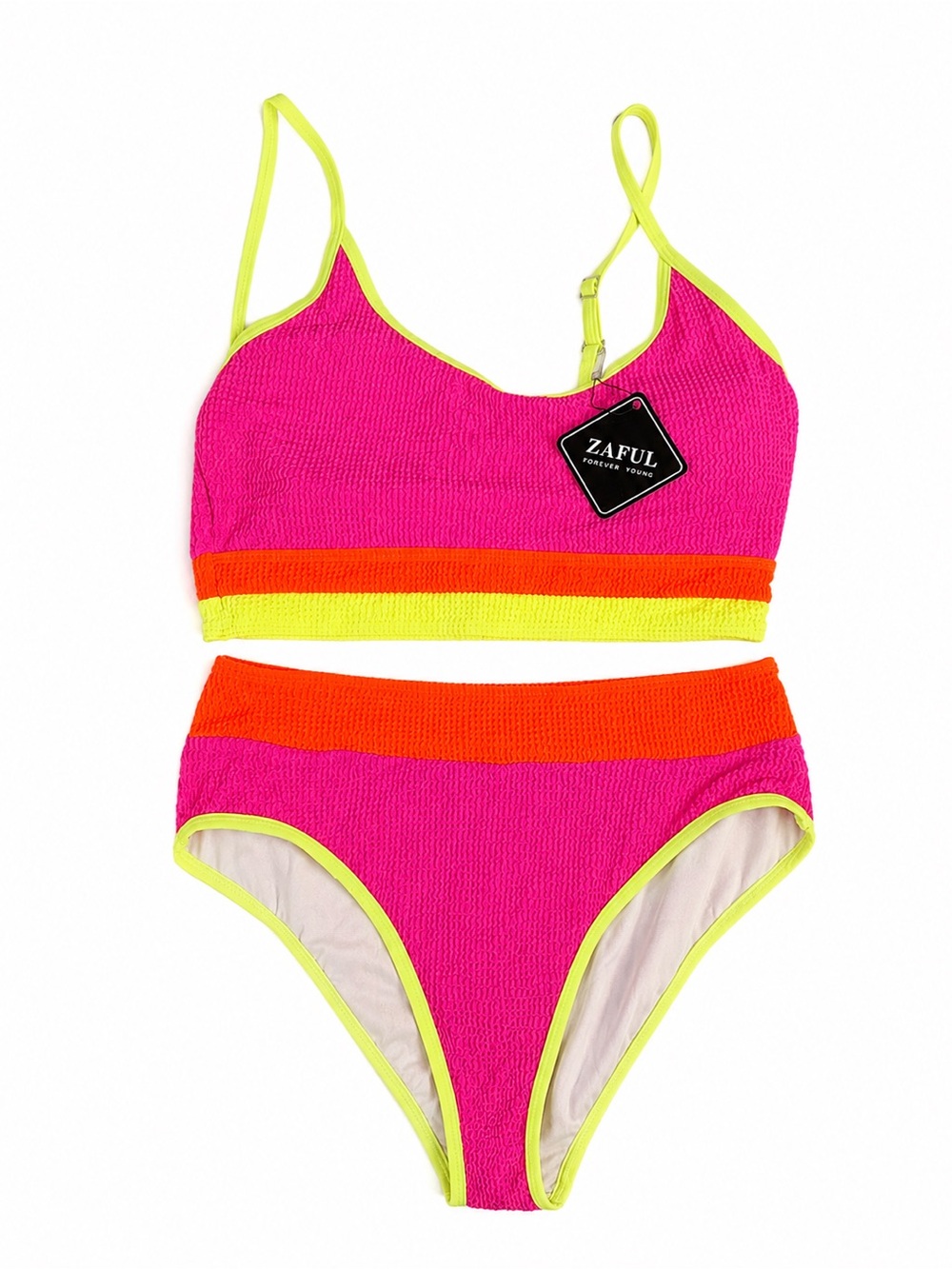 Zaful Neon Pink Bikini Set with Orange & Yellow Trim Size Medium NWT